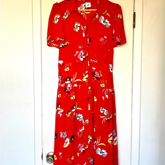 Cabi 6128 Afternoon Dress Midi Red Garden Floral Print Button Down - Picture 3 of 10